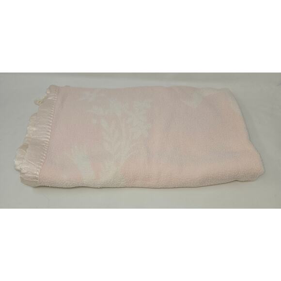 Vintage Reversible Pink Satin Edge Baby Blanket Floral Birds 42 x 28 Fleece - Picture 3 of 13